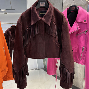 2025 automne gland daim veste en cuir véritable crooped veste femmes bordeaux daim cuir veste - Product Image 2