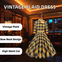 Gaun Midi A-Line OUFEI Custom Vintage Plaid dengan Kerah Pita, Pinggang Tinggi, Lengan 3/4, untuk Pesta Kasual