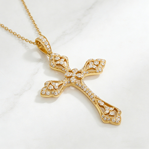 CUSTOM SILVER 10K/14K/18K GOLD PLATED LAB GROWN CVD DIAMOND CLASSIC ENGAGEMENT GIFT SWEATER <b>CHAIN</b> NECKLACE <b>CROSS</b> PENDANT VS - Product Image 4