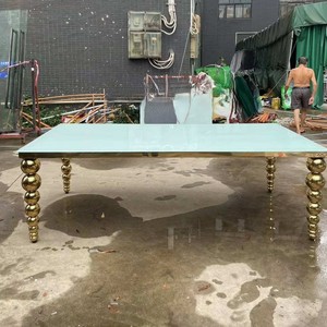 Factory New Hotel Hall Furniture Luxury Gold Stainless Steel Rectangular Glass Wedding Dining <b>Tables</b> And Chairs - Product Image 6