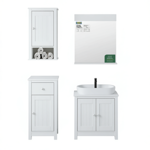 Juego de Muebles de Baño Blancos, Gabinete de Madera Clásico, Lavabo, Espejo, Unidad de Almacenamiento Rectangular, Fácil de Limpiar, para Uso en Baños - Product Image 1