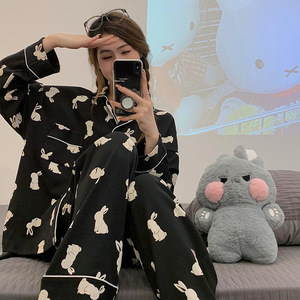 Pijama informal de primavera y otoño para mujer, conjunto de ropa para el hogar de poliéster estampado de manga larga, cintura elástica suave, talla XL para familias - Product Image 6