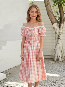 Abito Midi Casual estivo da <span class=keywords><strong>donna</strong></span> <span class=keywords><strong>taglie</strong></span> forti dolce con collo quadrato francese con motivo a quadri in pizzo con bottone intrecciato miglior Shopping <span class=keywords><strong>Online</strong></span> - Product Image 1