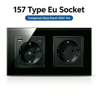 Prise murale EU série F 157 mm avec port USB Type C, 16 A, 2 prises, panneau en verre trempé noir métallique, double prise Schuko