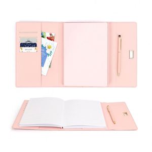 Cuaderno Personalizado A5 con Cubierta de Cuero Rosa, Cuaderno Rayado para la Universidad con Bolígrafo, Tarjetero, Bolsillo Lateral Plegable para la Escuela - Product Image 3