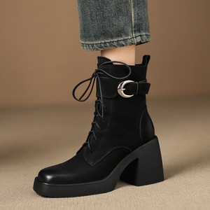Bottines classiques françaises en cuir véritable rétro à talon carré, à lacets, avec boucle de ceinture simple, talon haut, bottines à la cheville - Product Image 4