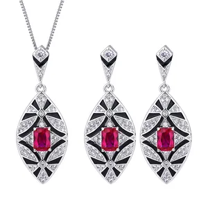 Thailand India Drop Ruby Pendant Jewelry Dangle For Women Antique Luxury Vintage Charms Party Jewelry Set