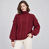 Pull Col Roulé Femme Tricoté Câblé OEM ODM, Manches Évasées Oversize, Motif Tressé, Épais et Chaud, Conception Personnalisable – Vente en Gros