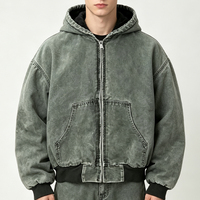 Sweat-shirt personnalisé de haute qualité, délavé à l'acide, effet vintage, usé, en coton, à capuche, fermeture éclair, style veste en jean