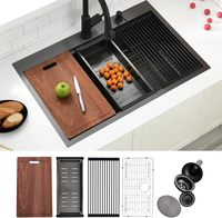 Évier de cuisine moderne en acier inoxydable noir, cuve simple carrée profonde de calibre 16, 30x18 pouces, avec accessoires pour poste de travail intégré, pour rénovation