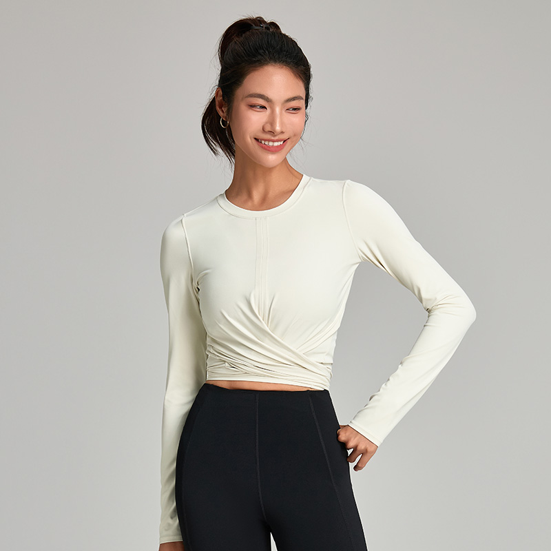 Casual Strap Waist Cinching Tight Fitting Sports Top Round Neck T-shirt Professional Running Fitness Tops Long Sleeved Yoga Top