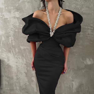 phoenix marie black dress Diamond-encrusted deep V neck elegant dress – Addis Outfits main image 0