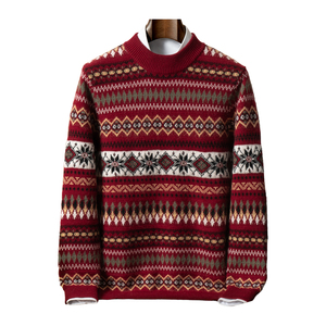 Premium <strong>Christmas</strong> Holiday Gift Retro Jacquard Thick Knit Mock Neck Top Rich Pattern 100% Cashmere <strong>Men</strong> Pullover Sweater - Product Image 1