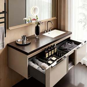 Ensemble de meuble-lavabo flottant de luxe Balom, montage mural, MDF imperméable, avec lavabo en céramique, système de fermeture douce pour la maison - Product Image 3