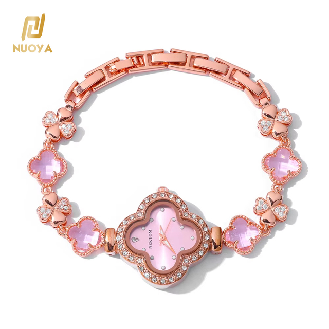 NUOYA New Style Ladies Fashion Watch Pink Zircon Four Leaf Clover Design Rose Gold Luxury Adjustable Band Women's Gift Watch