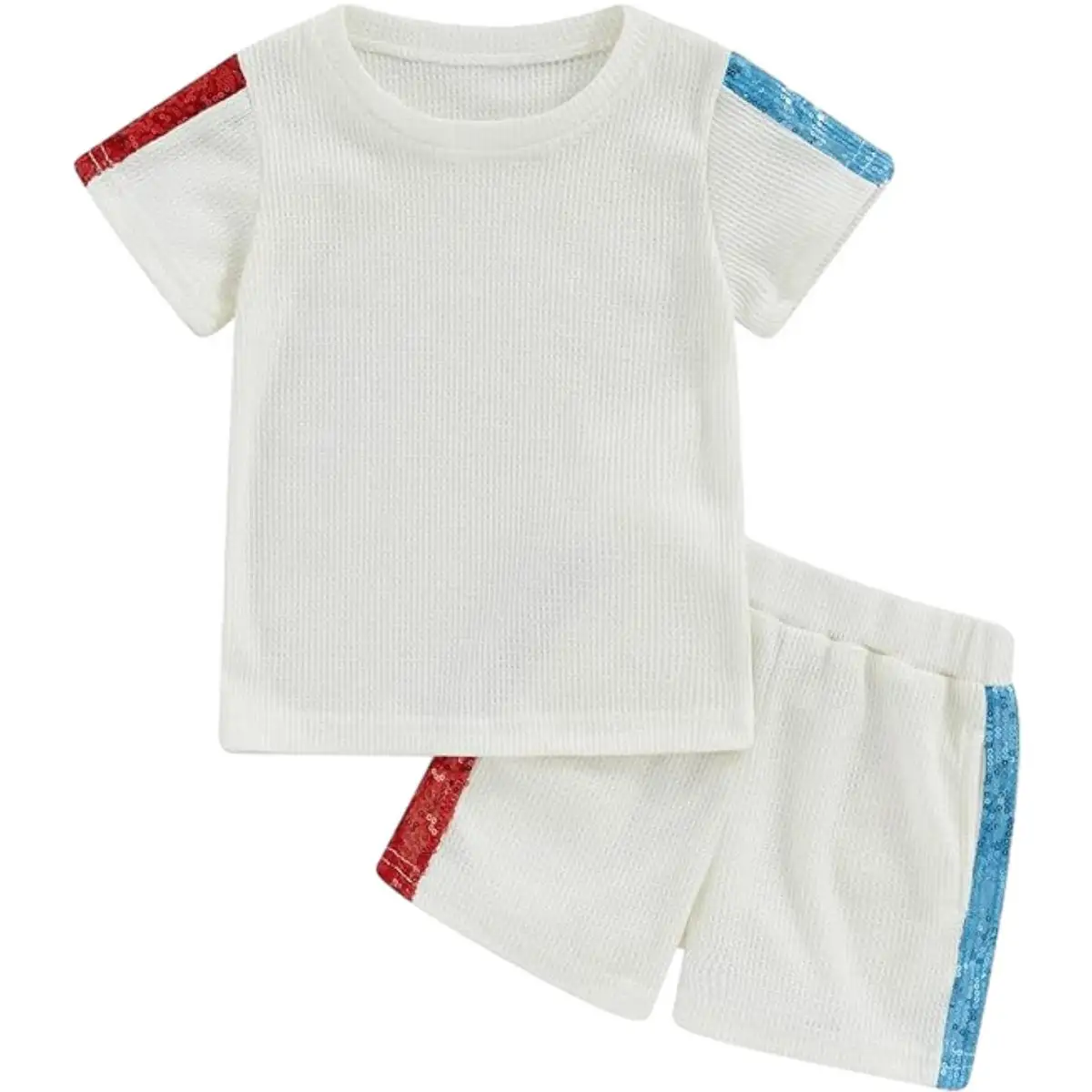 Customized Girls Sequin Stripe Sleeves Patchwork T Shirt + Shorts Kids Clothing Set