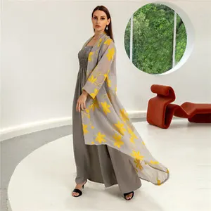 2022 New Fashion Embroidered 2 Piece Muslim Women Kaftan Maxi Dress Dubai Open Cardigan Kimono Jilbab Robe