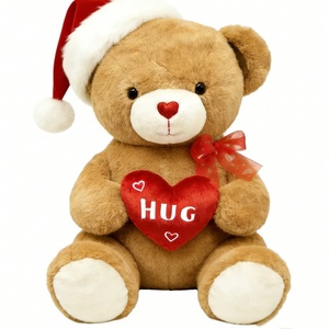 Ours en peluche brun personnalisé avec bonnet de Noël, écharpe en tricot blanc, cœur rouge brodé HUG, animal en peluche assis - Product Image 2