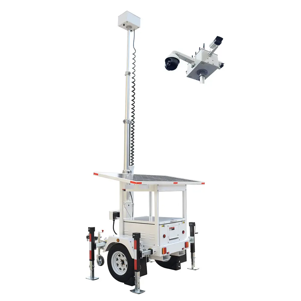 High definition camera installed on mobile trailer 6 to 9 meters mast with solar generator for security monitoring