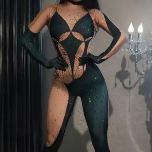 Bodysuit berlian imitasi spandeks baru kostum penampilan panggung wanita Romper pesta klub seksi wanita Romper gadis tari Leotard
