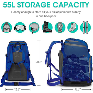 55L Ski <b>Boot</b> Bag Backpack with Helmet Goggle Compartment Waterproof <b>Standing</b> Mat Snowboard <b>Boots</b> Gear Travel Pack for Men Women - Product Image 2