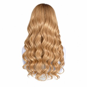 Peluca de Cabello Humano Rubio Miel con Frente de Encaje, Ondas Largas, Cabello Teñido con Raíces Oscuras, Línea de Cabello Natural para Mujeres - Product Image 1
