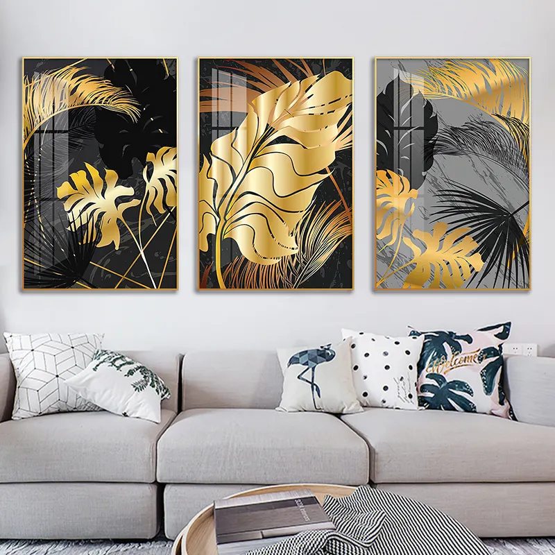 3 piezas de arte de pared de hoja dorada y negra abstracta, pintura de arte minimalista nórdico, diseño de flores, impresión en lienzo, póster para Decoración