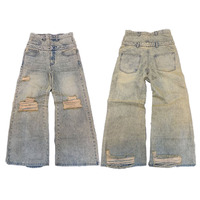Nouveau jean baggy à double rangée de rivets, délavé à l'acide, décoloré par le soleil, double taille, déchiré, jambe large, double perles, jean délavé pour homme