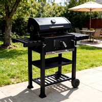 Barbecue au charbon de bois en acier inoxydable sur chariot mobile avec tables latérales pour extérieur