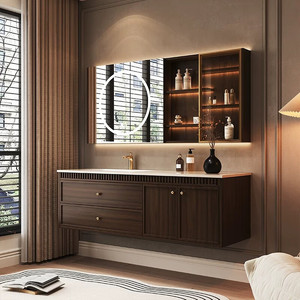 New bathroom cabinet ceramic integrated basin slate new Chinese style retro oak <b>smart</b> <b>mirror</b> cabinet - Product Image 2