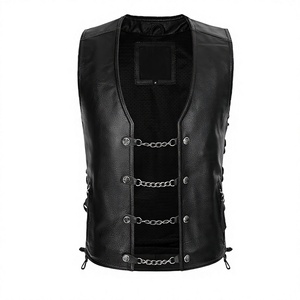 Chaleco de Motociclista Estilo Cuero Negro para Hombre, Talla Grande, con Cierre de Cadena, Corte Regular, Color Sólido - Product Image 1