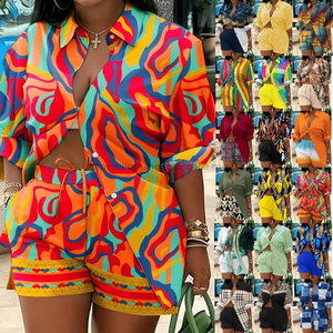 New Most Popular Fashion Printed Temperament Women's Long Sleeve Button Turn-down Collar Knitted <b>Blouse</b> Shorts Casual Set - Product Image 2