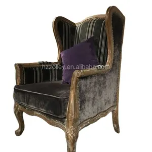 Living Room Wood Frame Antique Carving Chair Fancy Decorative Accent Chair Black Corduroy High Back Wing Chair