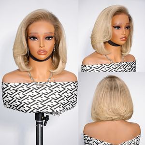 Ash Blonde Ombre courte coupe émoussée Bob perruque avec couches ondulées fermeture de cheveux humains perruques 180 densité vendeur de cheveux en gros - Product Image 3