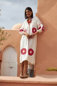 Vestido Maxi de Verano 2025, Estilo Casual, Bordado, Cuello en V, Manga Corta, Lavable, para Tallas Grandes, 100% Algodón Tejido, Cintura Natural - Product Image 5