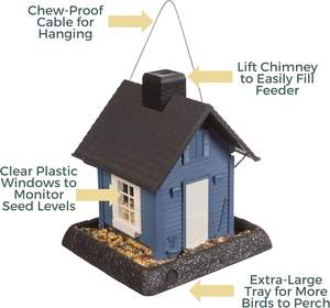 Mangeoire à oiseaux en plastique suspendue pour l'extérieur, collection Village, modèle Blue Cottage, facile à remplir, capacité de 5 livres de graines - Product Image 3