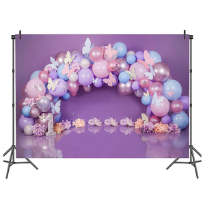 Papillon violet ballons mur toile de fond fille enfants 1er anniversaire gâteau Smash fond rose ballon enfants Portrait <span class=keywords><strong>photographie</strong></span> - Product Image 1
