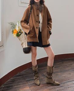 Giacca Autunnale Vintage da Donna, <span class=keywords><strong>Trench</strong></span> <span class=keywords><strong>Marrone</strong></span> Monopetto con Decorazione in Pelliccia di Coniglio, Tessuto Scamosciato Traspirante - Product Image 3