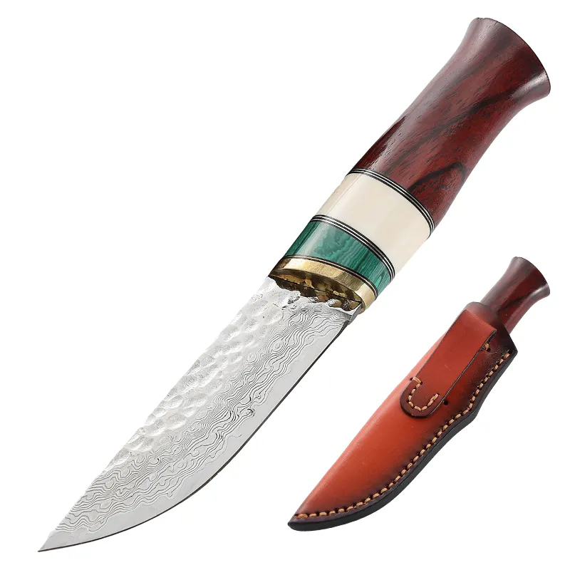 प्रीमियम हस्तनिर्मित कैम्पिंग OEM फोर्ज्ड दमिश्क स्टील फिक्स्ड ब्लेड शिकार चाकू पुरुषों के लिए अनुकूलित पॉकेट कैम्पिंग चाकू उपहार