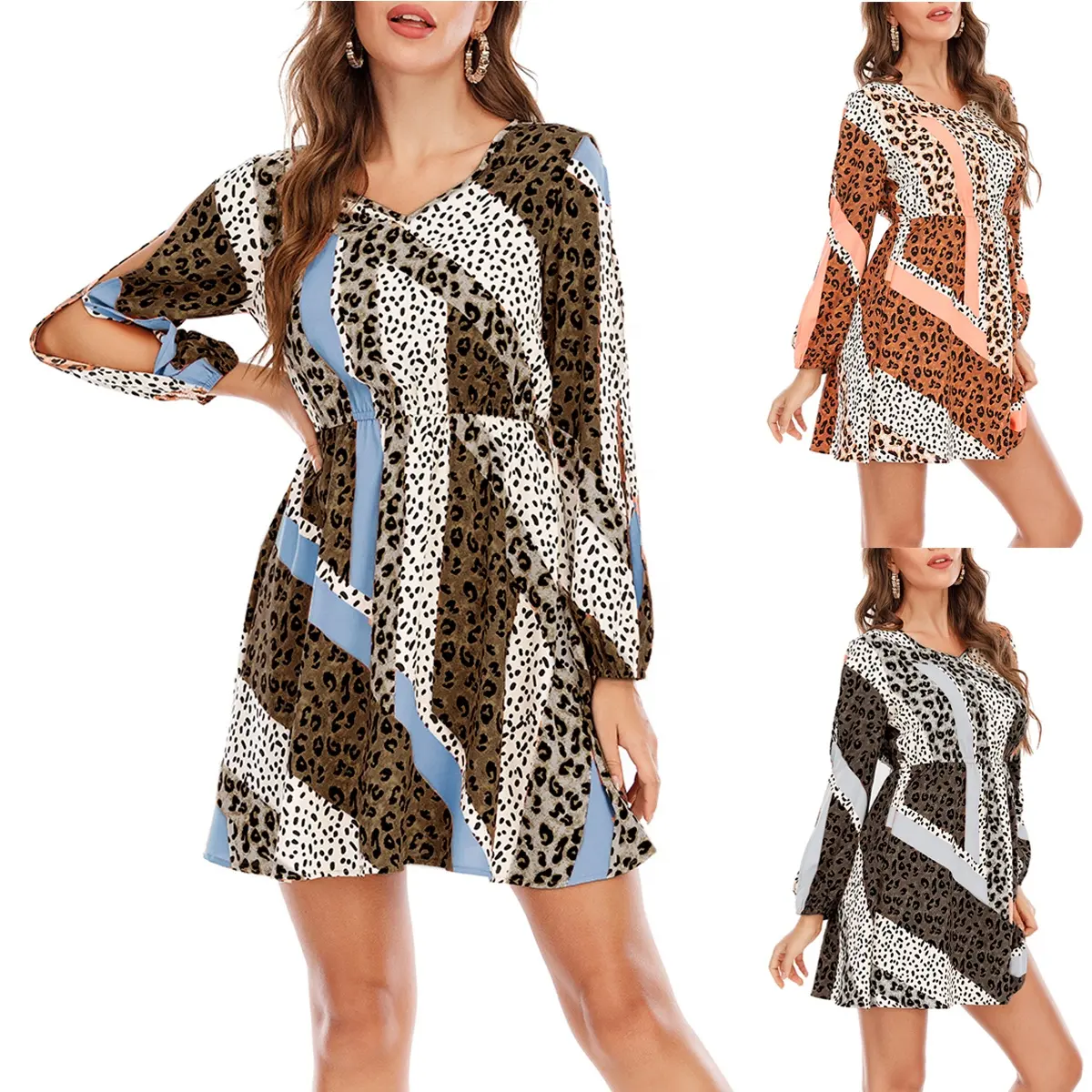 Custom Wholesale 2022 Spring And Autumn Fashion Long Sleeve V-neck Leopard Print Women's Casual Dress