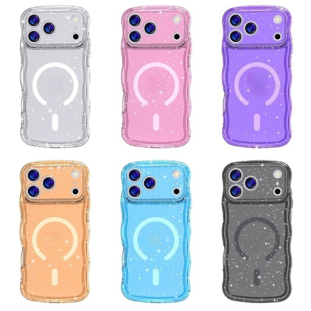 Quality wave frame transparent glitter magnetic clear phone case for iPhone 17Air 16 pro max 15 plus back cover for Samsung S26