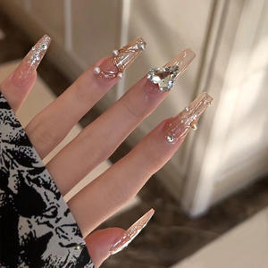Faux ongles longs transparents effet glace avec motif cœur et ruban, tendance Xiaohongshu et Instagram - Product Image 1