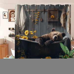 Cortina <span class=keywords><strong>de</strong></span> Ducha Impermeable con Estampado <span class=keywords><strong>de</strong></span> Oso Pardo Rústico Bañándose en una Antigua Bañera y Pato <span class=keywords><strong>de</strong></span> Goma Amarillo Girasol en un Escenario <span class=keywords><strong>de</strong></span> Pared <span class=keywords><strong>de</strong></span> Madera - Product Image 2