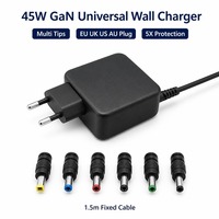 Chargeur mural universel pour ordinateur portable CE FCC 45W, adaptateur secteur GaN avec prise interchangeable US/EU/UK/AU, câble fixe, emballage personnalisé avec logo