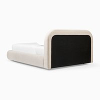 Lit double en bois avec tête de lit arrondie, tissu texturé, rembourré, style moderne et luxueux, durable