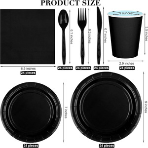 Schwarzes Einweg-Partygeschirr-Set mit Papptellern, Bechern und Besteck für Geburtstag, Halloween, Valentinstag, Neujahr - Product Image 5