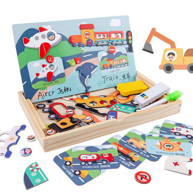 Kids Magnetic Puzzles Wooden Vehicle Cognition Multifunction Draw Board Games Educational Toys