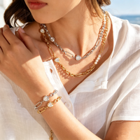 Ensemble de bijoux en cristal de cœur avec perles d'eau douce naturelles délicates de qualité supérieure, collier et bracelet en acier inoxydable, bijoux imperméables