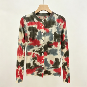 Cardigan côtelé en maille pour femme, tie-dye, boutonné sur le devant, manches longues, pull décontracté, haut tendance - Product Image 4