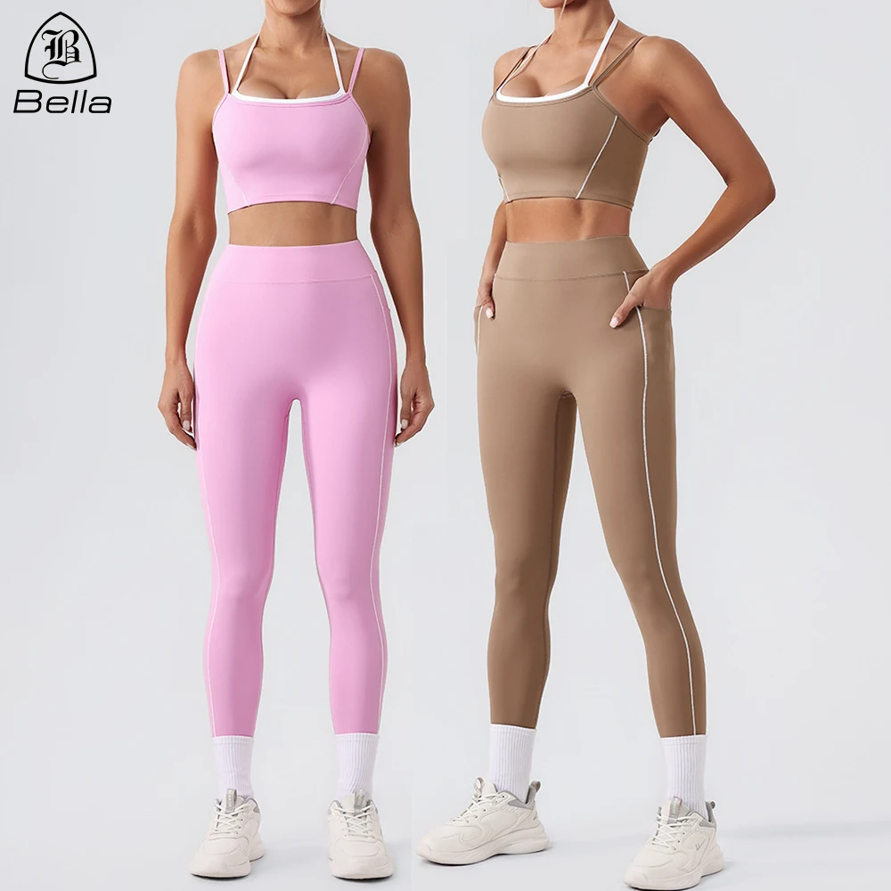 Custom Ropa Deportiva Mujer Women Activewear Halter Sports Bra Gym Athletic Wear Color Block Yoga Set Workout Leggings Sets